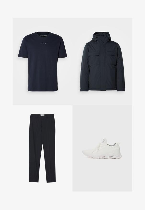 Casaco isolado azul marinho com capuz, apresentando dois grandes bolsos frontais e um acabamento suave e mate. Fecho frontal com zíper.; T-shirt de algodão azul-marinho com mangas curtas, gola redonda, apresentando pequeno texto de logotipo branco na parte superior do peito. Textura suave, ajuste regular.; Calças pretas ajustadas com frente plana, corte regular, feitas de tecido suave, com pregas prensadas e bolsos laterais.; Ténis atléticos brancos com um superior em malha texturizada, atacadores planos e uma sola acolchoada com câmaras de ar visíveis para maior suporte.