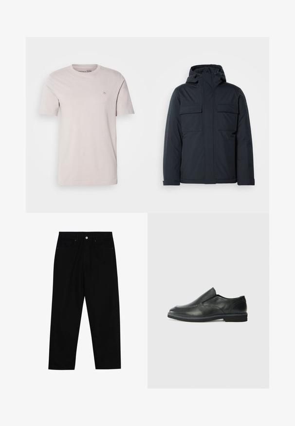Granatowa, ocieplana kurtka z kapturem, z dwiema dużymi przednimi kieszeniami oraz gładkim, matowym wykończeniem. Zamek błyskawiczny na przodzie.; Jasno beżowy bawełniany t-shirt z okrągłym dekoltem, krótkimi rękawami i małym logo na piersi. Gładka tekstura, luźny krój.; Czarne spodnie dżinsowe w klasycznym kroju prostym, z pięcioma kieszeniami i zapięciem na guzik z przodu. Gładka tekstura z minimalnymi detalami szwy.; Czarne skórzane buty wsuwane z gładką cholewką, przeszyciami, okrągłym noskiem i niskim gumowym obcasem. Podeszwa ma minimalny bieżnik.
