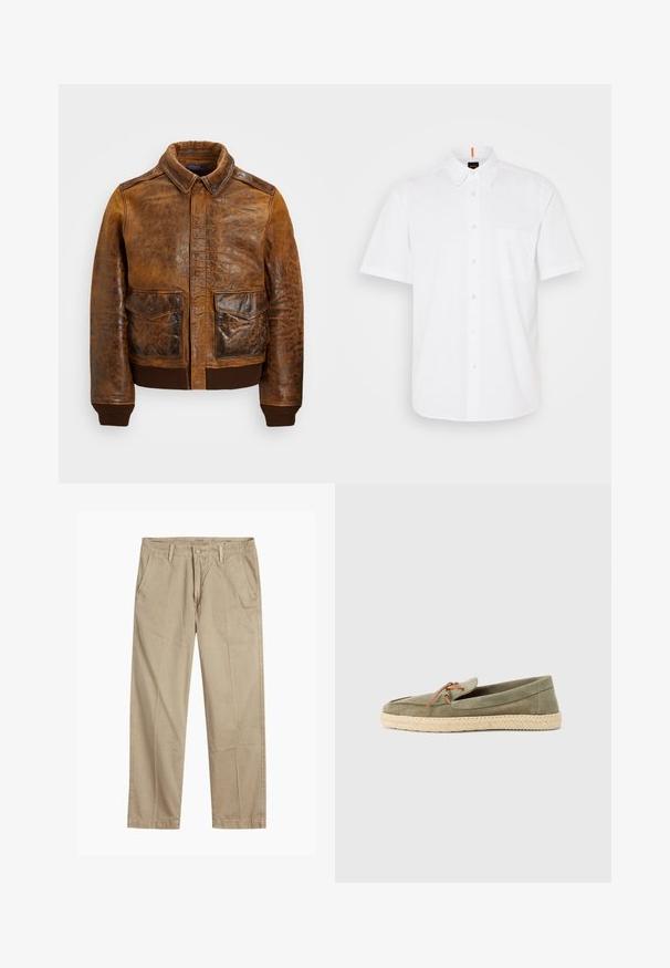 Ruskea nahkatakki, jossa on kauluskaihi, vetoketjukiinnitys, kaksi etutaskua ja ribbireunat. Teksturoitu nahka näyttää luonnollisia vaihteluita.; Valkoinen lyhythihainen nappipaita, joka on valmistettu puuvillasta. Paidassa on yksi rintatasku, klassinen kaulus ja hillitty ompeluyksityiskohta.; Beige suorat lahkeet chinosit vyölenkkeillä, etupainike- ja vetskarikiinnitys sekä viistot etutaskut.; Vihreät mokkanahkasaappaat, joissa on kudottu juuttipohja, pyöristetty kärki ja ruskea nauhatyyny päällekkäin.