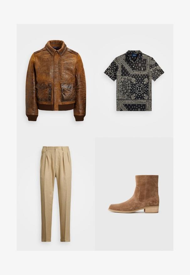 Jachetă din piele maro cu guler, fermoar frontal, două buzunare frontale și manșete plisetate. Pielea texturată prezintă variații naturale.; Cămașă neagră cu mânecă scurtă, având un imprimeu de bandană cu modele albe complexe și un mic logo brodat pe piept. Design cu guler clasic.; Pantaloni din in bej cu croi drept, având două pliuri frontale, închidere cu nasture și buzunare laterale. Material texturat cu un finisaj neted.; Botine din nubuc maro cu vârful ușor rotunjit, toc de lemn mic și îngust, panouri laterale elastice și cusături netede pe toată lungimea.