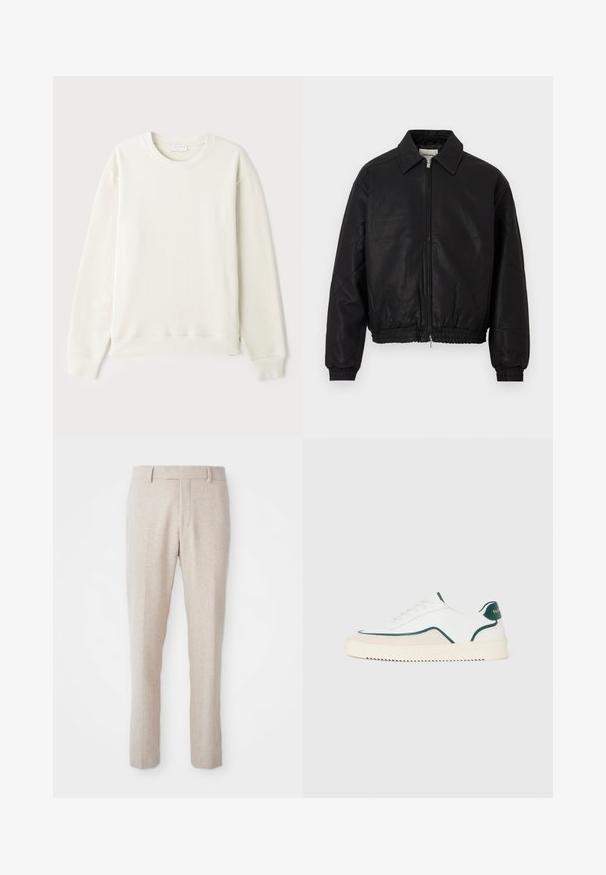 Fekete bőr bomber dzseki elülső cipzárral, hegyes gallérral, rugalmas mandzsettákkal és rugalmas derékkal, fehér háttér előtt kiállítva.; Világos bézs pulóver, pamut anyagból, kerek nyakkivágású, hosszú ujjak, bordázott mandzsettákkal és aljjal, minimális logóval a mellkasán, sima textúrával.; Beige szőtt nadrág egyenes szabással, lapos elülső résszel, övszalagokkal és látható minták vagy fém részletek nélkül.; Fehér alacsony szárú sneaker zöld díszítéssel, bézs velúr részletekkel és krémszínű talppal, amelynek bordázott az alja.