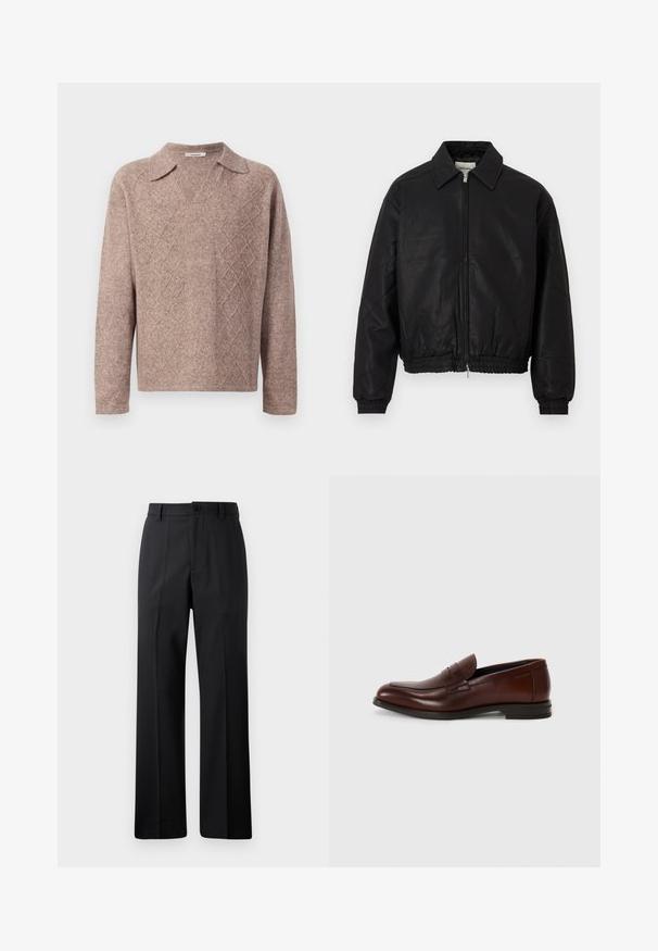 Chaqueta bomber de cuero negro con cremallera frontal, cuello puntiagudo, puños elásticos y cinturilla elástica, exhibida sobre un fondo blanco.; Suéter marrón de punto con escote en v y cuello puntiagudo. Presenta un patrón de diamantes y mangas largas, confeccionado en una suave tela texturizada.; Pantalones rectos negros con pasadores para cinturón, cierre frontal de botón y cremallera, expuestos sobre un fondo blanco liso.; Mocasines de cuero marrón con puntera redondeada, detalle de correa en la parte frontal y un tacón bajo apilado. Textura suave con mínimos acentos decorativos.