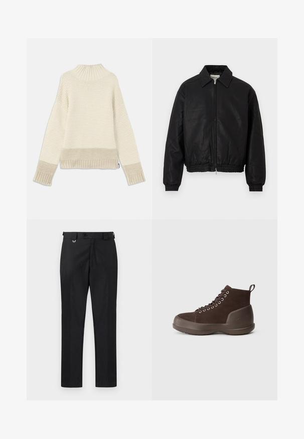Black leather bomber jacket with a front zipper, pointed collar, elastic cuffs, and elastic waistband displayed on a white background.; Chunky knit sweater in cream with a high, ribbed collar. Features textured patterns and ribbed cuffs and hem. Soft, warm fabric.; Black tailored trousers with a straight-fit cut, featuring a button closure and belt loops. Smooth texture with minimal detailing.; Brown suede high-top boots with metal eyelets, padded collar, and thick rubber sole. Features a loop on the heel for easy wear.