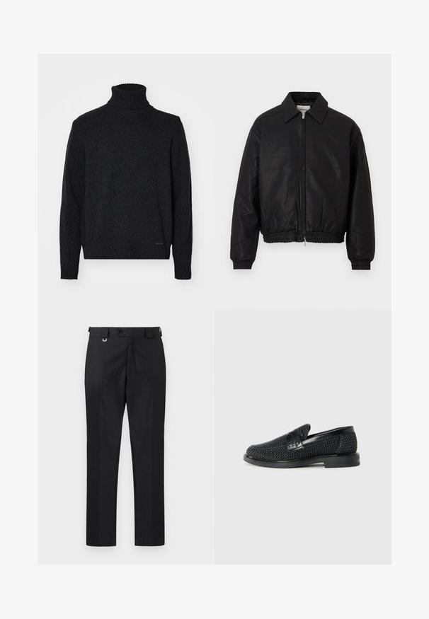 Čierna kožená bomber bunda s predným zipsom, špicatým golierom, elastickými manžetami a elastickým pásom vystavená na bielom pozadí.; Čierny rolák vyrobený z mäkkej tkaniny, s rebrovaným golierom, manžetami a spodným okrajom, hladkej textúry a bez viditeľných vzorov.; Čierne pritomné nohavice so strihom rovného strihu, vybavené zapínaním na gombík a pútkami na opasok. Hladká textúra s minimálnym zdobením.; Čierne tkané slip-on topánky s hladkým koženým akcentom na vrchnej časti, s okrúlym dizajnom špičky a nízkoprofilovou gumovou podrážkou.