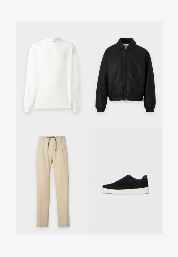 Fekete bőr bomber dzseki elülső cipzárral, hegyes gallérral, rugalmas mandzsettákkal és rugalmas derékkal, fehér háttér előtt kiállítva.; Fehér pulóver kerek nyakkal, hosszú ujjakkal és bordázott mandzsettákkal. Az elülső részen arany színű nyomat található: "HZW (25-26) HOLZWEILER A NAP."; Beige nadrág, egyenes fazonban, húzózsinórral a derékrészen, pliszírozott elejével és sima textúrájával. Egyszerű, sokoldalú dizájn.; Fekete velúr sportcipő fűzős dizájnnal és kontrasztos fehér gumitalppal. Jellemzői a textúrázott oldalpanelek és a diszkrét logó a sarokon.