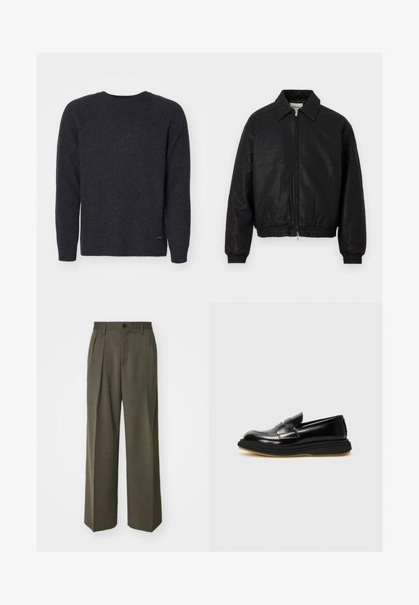 Musta nahkabomberitakki, jossa on etuvetoketju, terävä kaulus, joustavat hihat ja joustava vyötärö, esitellään valkoista taustaa vasten.; Tummanharmaa neulepaita, jossa on pyöreä kaula-aukko, pitkät hihat ja resorit. Tasainen pinta, jossa on hienovarainen logo vasemmassa alareunassa.; Filippa K WIDE TROUSERS - Housut - driftwood; Mustat nahkabetäktit, joissa on rakenteellinen muotoilu, kohoava etupaneeli, ommeltu yksityiskohtia ja paksu, teksturoitu kumiulkopohja.