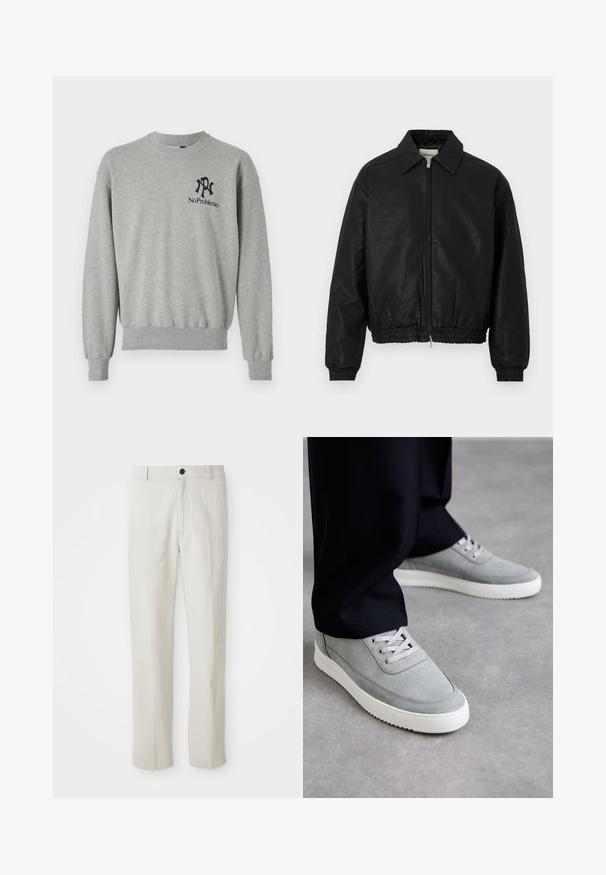 Schwarze Leder-Bomberjacke mit einem Frontreißverschluss, spitzem Kragen, elastischen Bündchen und elastischem Bund, präsentiert auf einem weißen Hintergrund.; Grauer Sweater mit Rundhalsausschnitt, gerippten Bündchen und Saum. Mit schwarzen Grafiken: ein "R" und "No Problemo" im linken Brustbereich.; Beige gerade geschnittene Hose mit Gürtelschlaufen, vorderem Knopf und Reißverschluss, flach auf einem weißen Hintergrund präsentiert.; Graue Wildledersneaker mit weißen Gummisohlen, ausgestattet mit einer Schnürung, runder Zehenpartie und dezenten Steppnähten, getragen zu schwarzen Hosen.