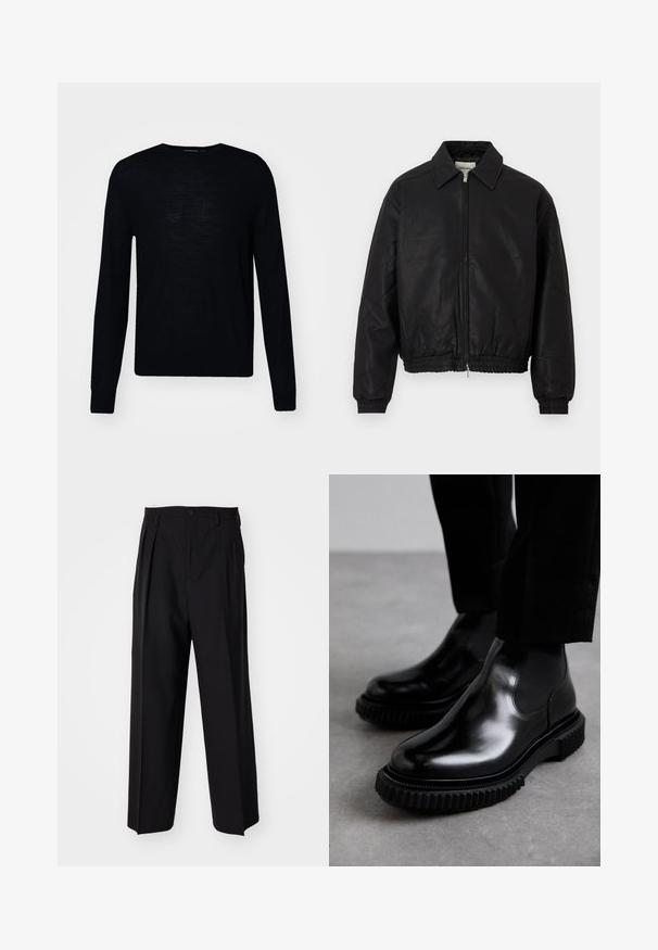 Črna usnjena bomberska jakna s sprednjim zadrgo, koničastim ovratnikom, elastičnimi manžetami in elastičnim pasom, prikazana na beli podlagi.; Tiger of Sweden CONNOR - Pulover - black; Črne nabirane hlače s ravnim, širokim krojem. Narejene so iz gladkega materiala in imajo zadrgo ter pasne zanke.; Črne usnjene chelsea škornje z gladkim zaključkom, elastičnimi stranskimi paneli in debelim, teksturiranim gumijastim podplatom z robustnim profilom.