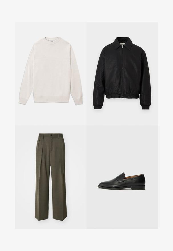 Musta nahkabomberitakki, jossa on etuvetoketju, terävä kaulus, joustavat hihat ja joustava vyötärö, esitellään valkoista taustaa vasten.; Vaaleanbeige neulepaita pehmeästä kankaasta, jossa on ribattu pyöreä kaula-aukko, hihansuiden ja helman ribbaus, rento malli ja minimalinen muotoilu.; Filippa K WIDE TROUSERS - Housut - driftwood; Musta nahkainen loafer, jossa on pyöreä kärki, hienovarainen ommelkoristelu ja matala korko, joka on varustettu sileällä pinnalla ja minimalistisella designilla.