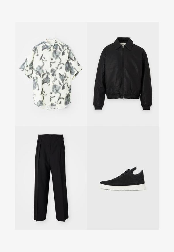 Chaqueta bomber de cuero negro con cremallera frontal, cuello puntiagudo, puños elásticos y cinturilla elástica, exhibida sobre un fondo blanco.; Camisa de manga corta en tela crema con un patrón floral gris, con botón en el frente y un cuello clásico.; Pantalones negros plisados con un diseño recto y de pierna ancha. Fabricados en una tela suave, presentan un cierre de botón y trabillas para el cinturón.; Zapatilla de ante negra con suela de goma blanca, que presenta costuras en el mismo tono y un diseño de cordones. Textura suave con una forma moderna y aerodinámica.