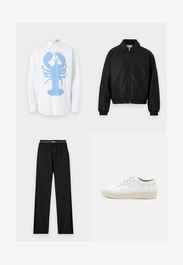 Mustast nahast bomber-jakk, millel on ees tõmblukk, terav krae, elastsed mansetid ja elastne talje, esitleb valgel taustal.; Valge pikkade varrukatega särk, mille ees on suur sinine homaarigraafika. Särgil on klassikaline krae ja nööpidega mansetid.; Mustad püksid, millel on mugav lõige, elastne vöökoht, reguleeritav string ja küljetaskud. Valmistatud siledast kangast, ilma mustriteta.; Valge nahkne tenniseking, millel on tekstureeritud pind, ümar varbaosa, beež kummitald ning kuus halli paeldokki, millel on külgedel õrn brändimingutus.