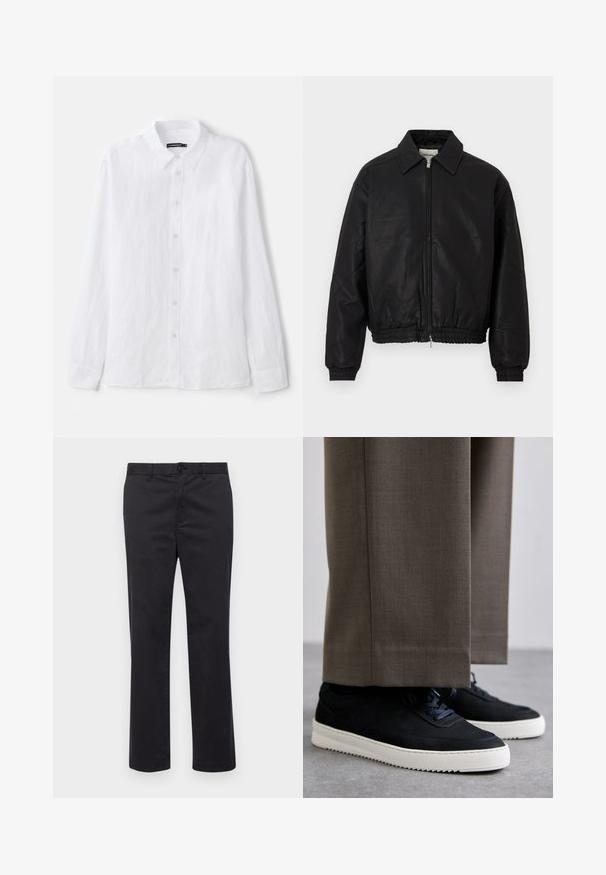 Czarna skórzana kurtka bombowa z zamkiem błyskawicznym z przodu, spiczastym kołnierzem, elastycznymi mankietami i elastycznym paskiem na tle białym.; Biała, długa koszula z długim rękawem, zapinana na guziki, wykonana z teksturowanej tkaniny. Posiada klasyczny kołnierz oraz zapięcie na guziki z małymi, okrągłymi guzikami.; Czarne bawełniane spodnie z prostymi nogawkami, z zapięciem na guzik i pętelkami na pasek. Gładka faktura, bez widocznych wzorów czy zdobień.; Czarne zamszowe sneakersy z białymi gumowymi podeszwami, z zaokrąglonym noskiem i sznurówkami, noszone z szarymi dopasowanymi spodniami.