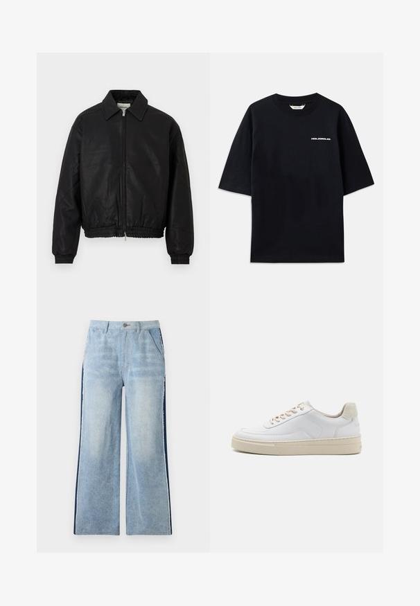 Jachetă bomber din piele neagră, cu fermoar frontal, guler ascuțit, manșon elastic și talie elastică, expusă pe un fundal alb.; Tricou din bumbac negru cu mâneci scurte, de tip crew neck, și un mic logo alb "HOLZWEILER" pe față, având o croială lejere.; Jeans drepti din denim de culoare albastru deschis, cu panouri laterale de culoare albastru închis, margine brută, buzunare frontale și închidere cu nasture la talie.; Sneaker alb cu un superior din piele netedă, șireturi bej și un tab superior din suede bej texturat. Solea ridicată pentru o înălțime suplimentară.