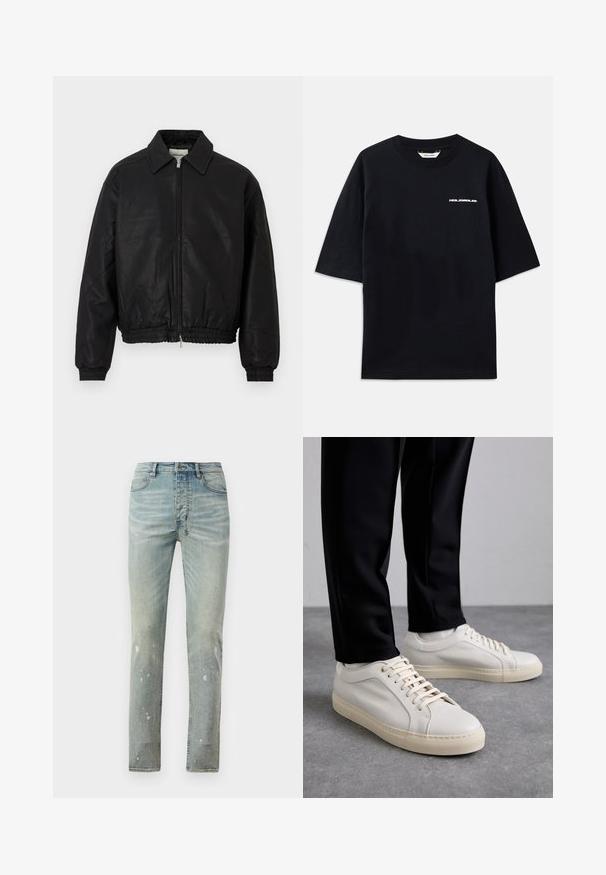 Giacca bomber in pelle nera con zip frontale, colletto a punta, polsini elasticizzati e vita elastica, esposta su uno sfondo bianco.; T-shirt nera in cotone a maniche corte, collo rotondo, con un piccolo logo bianco "HOLZWEILER" sul fronte, caratterizzata da una vestibilità ampia.; Jeans a vita alta di colore azzurro chiaro, con una vestibilità slim. Presentano aree sbiadite e dettagli di spruzzi in tutto il capo. Realizzati in denim con cuciture a contrasto.; Sneaker in pelle beige chiaro con lacci piatti, superficie texturizzata e suola in gomma di colore crema in contrasto, abbinati a pantaloni neri a sigaretta.