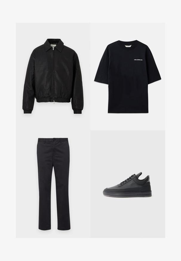 Juodas odinis bombonešio švarkas su priekine užtrauktuku, smailiu apykakle, elastingomis rankogaliais ir elastinga juosmens juosta, eksponuojamas ant balto fono.; Juodas medvilninis marškinėlis trumpomis rankovėmis, apvaliu iškirpimu ir mažuoju baltu "HOLZWEILER" logotipu priekyje, pasižymintis laisvu siluetu.; Juodi medvilniniai kelniukai tiesaus kirpimo, su sagos uždarymu ir diržo kilpomis. Lygus audinys, be matomų raštų ar akcentų.; Juodos odinės sportbačiai su tekstūruotu paviršiumi, su raišteliais, žemu kraštu ir pilku guminio pado kraštu su grioveliais.