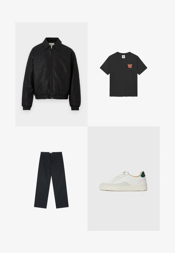 Črna usnjena bomberska jakna s sprednjim zadrgo, koničastim ovratnikom, elastičnimi manžetami in elastičnim pasom, prikazana na beli podlagi.; Črna bombažna majica s kratkimi rokavi, okroglo ovratnikom in oranžnim logotipom "W" na levem prsnem delu. Mehek in gladek na otip.; Črne bombažne hlače s ravnim krojem, opremljene z gumbom in preprostim pasom. Brez vzorcev ali dodatnih poudarkov.; Bela trenerka z zaključki iz semiša, okroglo konico, ravne vezalke in kremna gumijasta podplata. Ima zeleno blagovno znamko na peti.