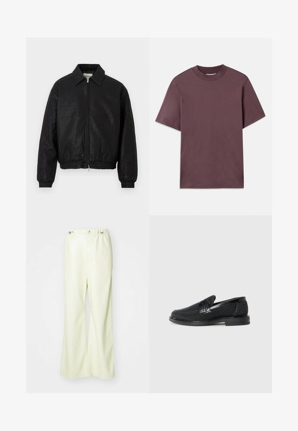 Melnas ādas bumbierveida jakas ar priekšējo rāvējslēdzēju, norādītu apkakli, elastīgām garajām piedurknēm un elastīgu jostasvietu, kas izstādīta uz balta fona.; Tumšā purpura krāsā, īsām piedurknēm, apļa kakla T-krekls, izgatavots no mīkstas kokvilnas. Priekšpusē ir minimālas zīmola atpazīstamības pazīmes, kas atbilst krāsai.; Gaiši zaļi platai kāju bikses, izgatavotas no gludas, nedaudz spīdīgas auduma. Tām ir pogu un elastīga josta, kā arī tīrs, pielāgots dizains.; Melnas austas slaidu kurpes ar gludu ādas akcentu augšpusē, apaļas formas purngalu un zemas profila gumijas zoli.