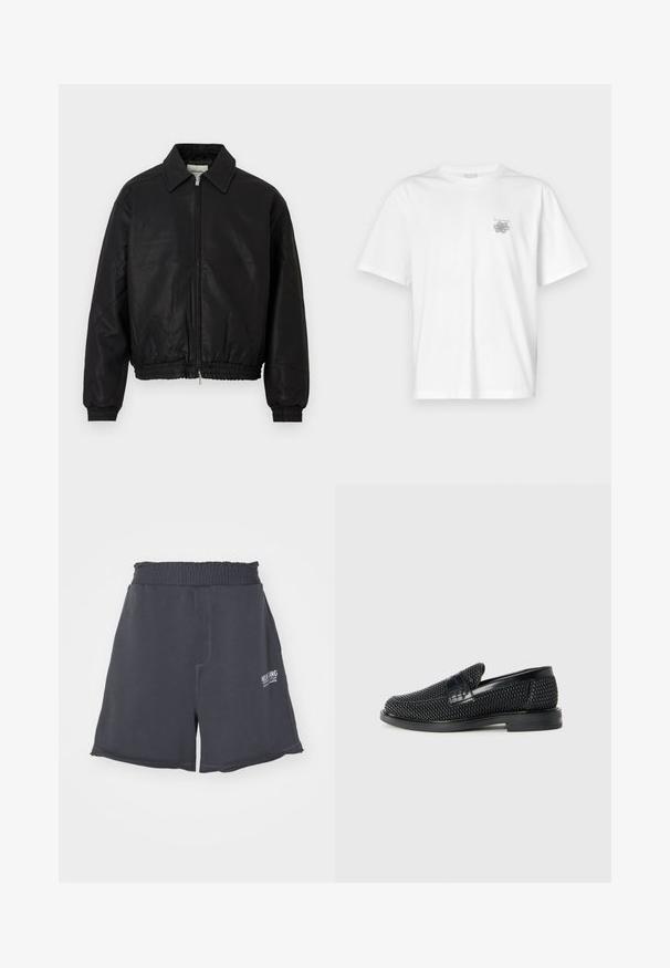 Veste bomber en cuir noir avec une fermeture éclair à l'avant, un col pointu, des poignets élastiques et une taille élastique, présentée sur un fond blanc.; T-shirt blanc en coton avec des manches courtes, un col ras du cou et un petit logo gris sur la partie gauche de la poitrine. Texture lisse.; Shorts en coton gris foncé avec une taille élastique, présentant une coupe droite, des coutures décoratives et un petit logo blanc sur le côté.; Chaussure slip-on tissée noire avec un accent en cuir lisse sur le dessus, un design à bout rond et une semelle en caoutchouc à profil bas.
