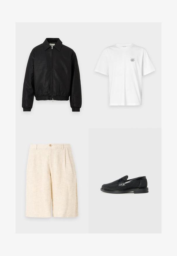 Black leather bomber jacket with a front zipper, pointed collar, elastic cuffs, and elastic waistband displayed on a white background.; White t-shirt made of cotton featuring short sleeves, a crew neck, and a small gray logo on the left chest area. Smooth texture.; Beige tailored shorts made of textured fabric, featuring front pleats, a button closure, and a straight leg design.; Black woven slip-on shoe with a smooth leather accent on the upper, a round toe design, and a low-profile rubber sole.
