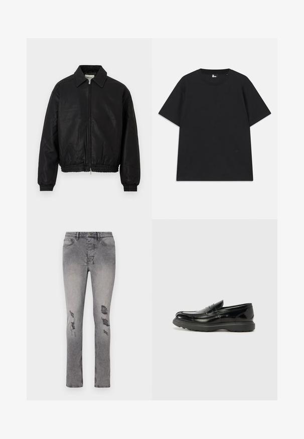 Čierna kožená bomber bunda s predným zipsom, špicatým golierom, elastickými manžetami a elastickým pásom vystavená na bielom pozadí.; Čierne tričko s krátkym rukávom vyrobené z bavlny, s okrúhlym výstrihom a malým logom pri leme. Hladká textúra, bežný strih.; Sivé riflové nohavice so slim strihom a miernym elastanom. Obsahujú poškodené miesta na kolenách a klasický dizajn s piatimi vreckami.; Čierne kožené mokasíny s lesklým povrchom, okrúhlou špicou, subtilnými švami a hrubou gumovou podrážkou pre zvýšenú odolnosť.
