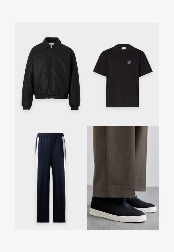 Black leather bomber jacket with a front zipper, pointed collar, elastic cuffs, and elastic waistband displayed on a white background.; Black cotton t-shirt with a crew neck and short sleeves. Features a small blue logo on the left chest. Simple, straight-cut design.; Navy sweatpants with a wide leg design, featuring vertical cream stripes along the sides. Made from soft, textured fabric with an elastic waistband.; Black suede sneakers with white rubber soles, featuring a rounded toe and laces, worn with gray tailored pants.