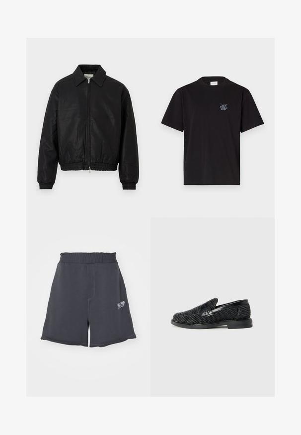 Chaqueta bomber de cuero negro con cremallera frontal, cuello puntiagudo, puños elásticos y cinturilla elástica, exhibida sobre un fondo blanco.; Camiseta de algodón negra con cuello redondo y mangas cortas. Presenta un pequeño logo azul en el lado izquierdo del pecho. Diseño simple y de corte recto.; Pantalones cortos de algodón gris oscuro con cintura elástica, que presentan un corte recto, costuras decorativas y un pequeño logo blanco en el costado.; Zapato negro de tejido con un acento de cuero suave en la parte superior, diseño de punta redonda y suela de goma de perfil bajo.