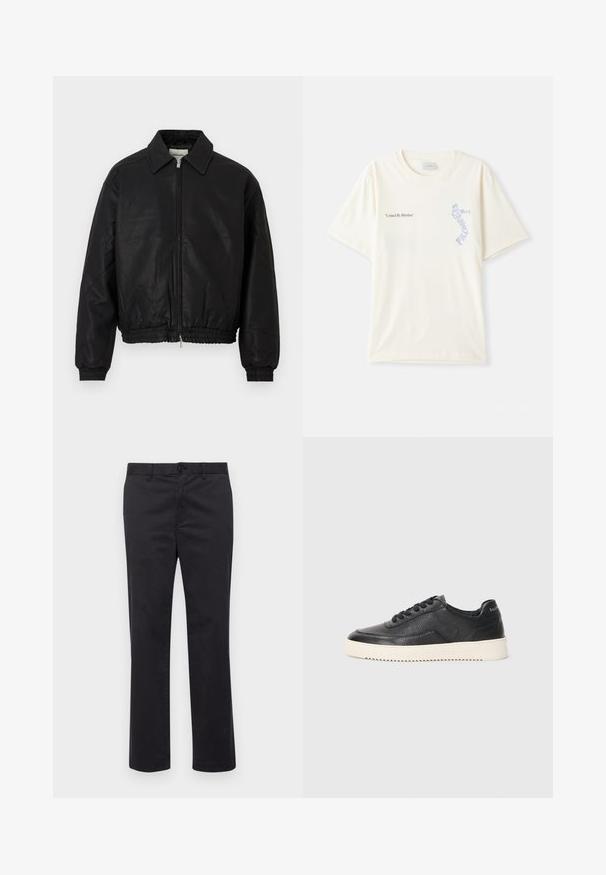 Veste bomber en cuir noir avec une fermeture éclair à l'avant, un col pointu, des poignets élastiques et une taille élastique, présentée sur un fond blanc.; T-shirt en coton blanc à manches courtes, présentant le texte « United By Rhythm » en noir et bleu sur la poitrine. Design à col rond.; Pantalons en coton noir avec une coupe droite, dotés d'une fermeture à bouton et de passants de ceinture. Texture lisse, sans motifs ni accents visibles.; Baskets en cuir noir avec finition texturée, bout rond et semelle plate en caoutchouc blanc. Présentent des lacets noirs et un logo sur le talon.