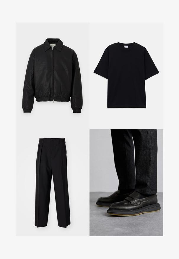 Mustast nahast bomber-jakk, millel on ees tõmblukk, terav krae, elastsed mansetid ja elastne talje, esitleb valgel taustal.; Must t-särk, lühikeste varrukatega, üle mõõdu, ümmarguse kaelusega ja nähtava Filippa K brändi sildiga kaelas.; Mustad volditud püksid sirge ja laia säärega disainiga. Valmistatud siledast kangast, millel on nuppudega sulgemine ja vööaasad.; The Antipode COLLEGE - Jalga libistatavad jalanõud - black