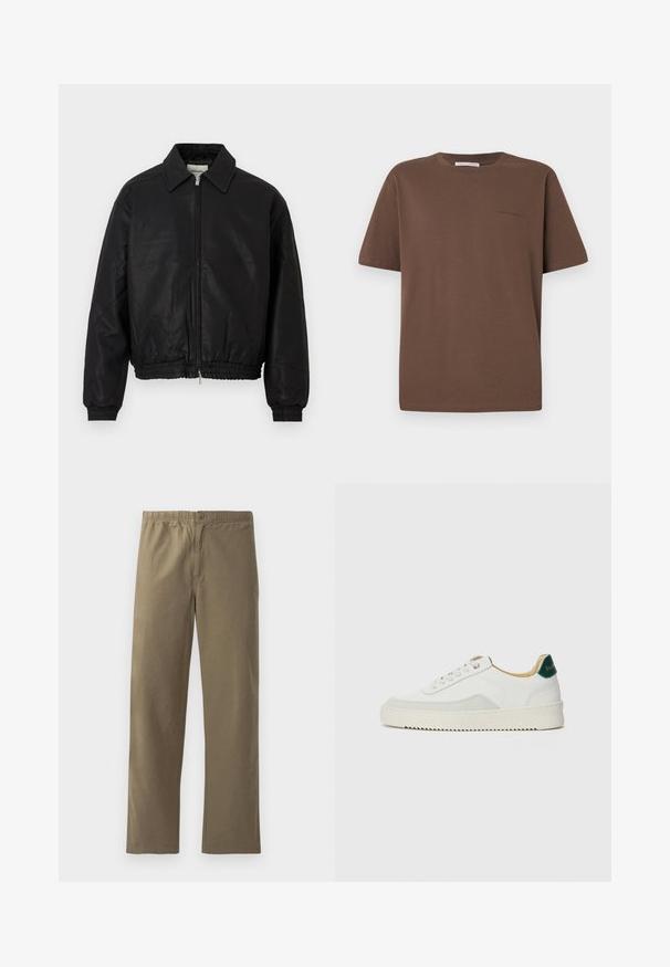 Jaqueta bomber de couro preto com fecho frontal, colarinho pontudo, punhos elásticos e faixa elástica na cintura, exibida sobre um fundo branco.; T-shirt de algodão castanho com decote redondo, mangas curtas e um pequeno logótipo impresso na frente. Textura de tecido lisa, ajuste casual.; Calças caqui feitas de tecido leve. Apresentam uma cintura elástica, fecho com botão, pernas retas e uma textura suave.; Tênis brancos com detalhes em camurça, bico arredondado, atacadores planos e sola de borracha creme. Apresenta uma marcação verde no calcanhar.