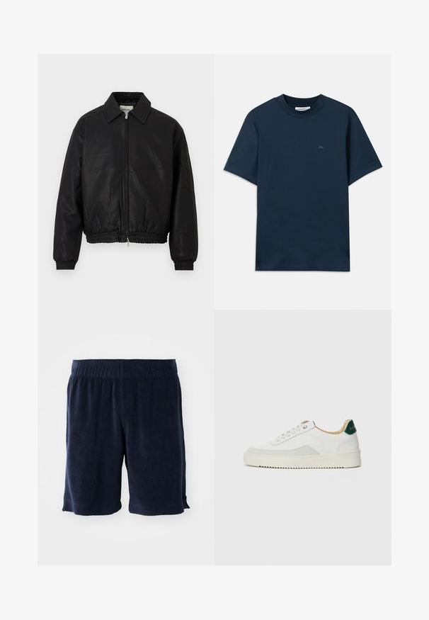 Crna kožna bomber jakna s prednjim zatvaračem, šiljastim ovratnikom, elastičnim manžetama i elastičnom strukom prikazana na bijeloj pozadini.; Tamna plava pamučna majica s okruglim izrezom, kratkim rukavima i suptilnim logotipom otisnutim na prsima. Glatka tekstura i klasičan kroj.; Tamnoplave kratke hlače od frotira s elastičnim pojasom, do koljena, s bočnim džepovima. Mekana tekstura i jednostavan dizajn.; Bijele tenisice s akcentima od antilopa, zaobljenim vrhom, ravnim vezicama i krem gumenim potplatom. Imaju zelenu oznaku na peti.