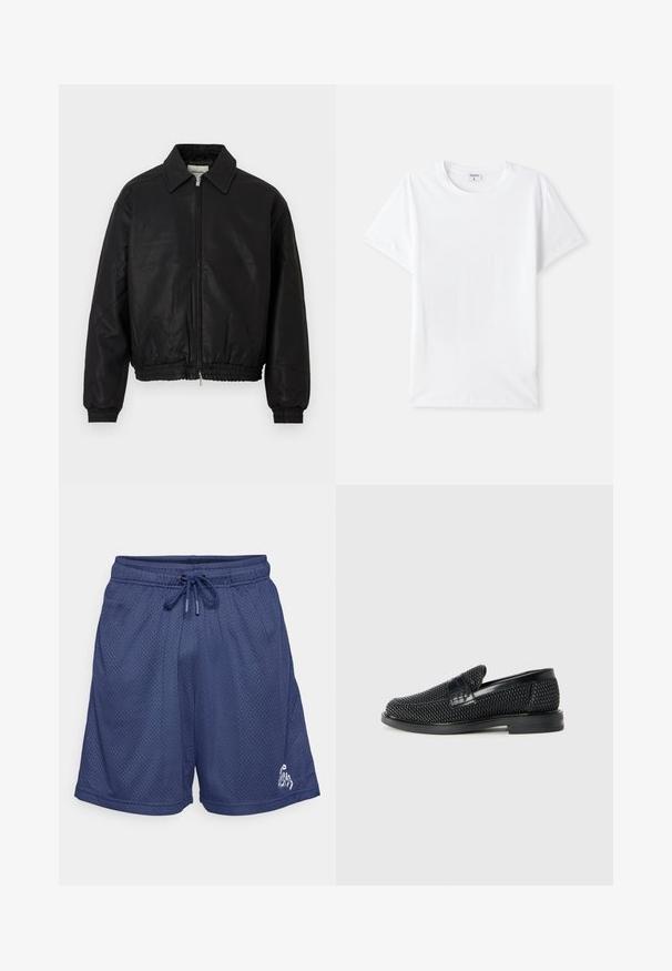 Juodas odinis bombonešio švarkas su priekine užtrauktuku, smailiu apykakle, elastingomis rankogaliais ir elastinga juosmens juosta, eksponuojamas ant balto fono.; Balta medvilninė marškinėlių, apvalia iškirpte, trumpomis rankovėmis, lygia tekstūra, be raštų ar akcentų, paprastas dizainas, standartinio kirpimo.; Tamsiai mėlynos tinklinės sportinės šortai su elastingu juosmens diržu ir raišteliu, turintys mažą baltą grafiką šalia krašto dešinėje kojoje.; Juodas pintas slip-on tipo batelis su lygiu odiniu akcentu viršuje, apvalios nosies dizainas ir žemas guminis padas.