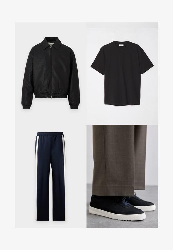 Juodas odinis bombonešio švarkas su priekine užtrauktuku, smailiu apykakle, elastingomis rankogaliais ir elastinga juosmens juosta, eksponuojamas ant balto fono.; Juodas medvilninis marškinėlis su apvaliu kaklu, trumpomis rankovėmis ir laisvu siluetu. Paprastas dizainas, lygus paviršius ir be matomų raštų ar logotipų.; Jūrų laivyno kelnės su plačia kojų forma, su vertikaliomis smėlio spalvos juostelėmis šoninėse dalyse. Pagamintos iš minkštos, tekstūrinės medžiagos, su elastinga juosmens juosta.; Juodi zomšiniai sportbačiai su baltais guminiais padais, su apvalia nosimi ir raišteliais, dėvimi su pilkais pritaikytais kelnais.