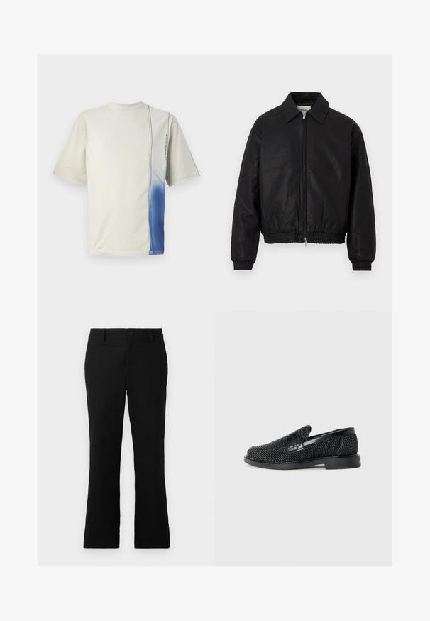Juodas odinis bombonešio švarkas su priekine užtrauktuku, smailiu apykakle, elastingomis rankogaliais ir elastinga juosmens juosta, eksponuojamas ant balto fono.; Trumpas rankovėmis T-marškiniai, pagaminti iš medvilnės, su gradientu nuo šviesios grietinėlės iki gilios mėlynos, su vertikaliu siūlų akcentu ir logotipu.; Juodos plačios kelnės, pagamintos iš medvilnės mišinio, su mygtukų uždarymu, diržo kilpomis ir lygia tekstūra be matomų raštų.; Juodas pintas slip-on tipo batelis su lygiu odiniu akcentu viršuje, apvalios nosies dizainas ir žemas guminis padas.