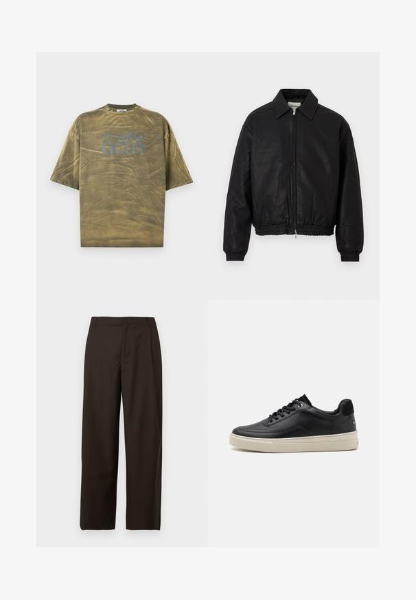 Fekete bőr bomber dzseki elülső cipzárral, hegyes gallérral, rugalmas mandzsettákkal és rugalmas derékkal, fehér háttér előtt kiállítva.; Olivazöld, rövid ujjú póló kerek nyakkivágással, amelyen az elülső részen vastag kék betűkkel áll a "TI AMO GCDS" felirat, sima pamut textúrával.; Barna, széles szárú nadrág sima anyagból, lapos elülső résszel, látható zsebek vagy díszítések nélkül.; Fekete bőrsportcipő alacsony profilú kialakítással, krémszínű gumitalppal, kerek orral és fűzős dizájnnal, fekete velúr sarkkal kiemelve.