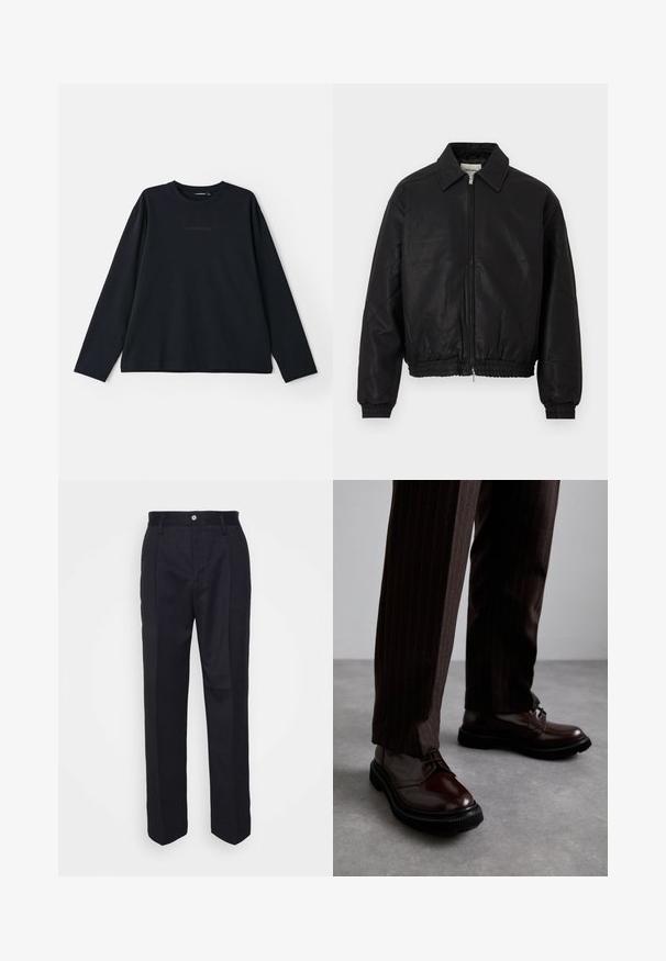 Juodas odinis bombonešio švarkas su priekine užtrauktuku, smailiu apykakle, elastingomis rankogaliais ir elastinga juosmens juosta, eksponuojamas ant balto fono.; Juodas ilgomis rankovėmis, apvalios kaklo iškirptės marškinėliai, pagaminti iš minkštos medžiagos. Pirmoje pusėje yra subtilus iškilmingas logotipas ir laisvo silueto dizainas.; Juodos pritaikytos kelnes su tiesiomis kojomis, pagamintos iš lygaus audinio, turinčios priekinį mygtuko užsegimą ir dvi šonines kišenes.; Rudos odinės bateliai su raišteliais, blizgiu paviršiumi, juoda gumine absorbcija ir subtilia siūle. Dėvimi su rudos spalvos dryžuotomis kelnių.
