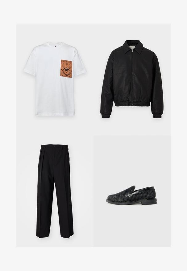 Musta nahkabomberitakki, jossa on etuvetoketju, terävä kaulus, joustavat hihat ja joustava vyötärö, esitellään valkoista taustaa vasten.; MCM Printtipaita - white; Mustat laskostetut housut, joissa on suora, leveä lahje. Valmistettu sileästä kankaasta, jossa on nappisuljenta ja vyölenkit.; Musta kudottu liukupohjallinen kenka, jossa on sileä nahkakorostus päällisessä, pyöreä kärki ja matala kumipohja.