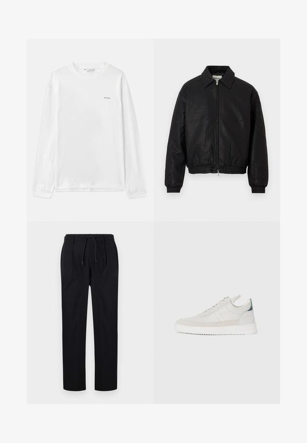 Jachetă bomber din piele neagră, cu fermoar frontal, guler ascuțit, manșon elastic și talie elastică, expusă pe un fundal alb.; Cămașă albă cu mâneci lungi, confecționată din bumbac. Prezintă un guler rotund, manșete cu nervuri și un mic logo "Holzweiler" pe pieptul stâng. Textură moale.; Pantaloni negri dintr-un material neted, cu talie ajustabilă prin sfoară, picioare drepte și pliere frontală pentru un aspect structurat.; Adidași din piele albă cu accente din sueded gri, design cu șireturi, tab de prindere și talpă din cauciuc texturat cu un model în zigzag.