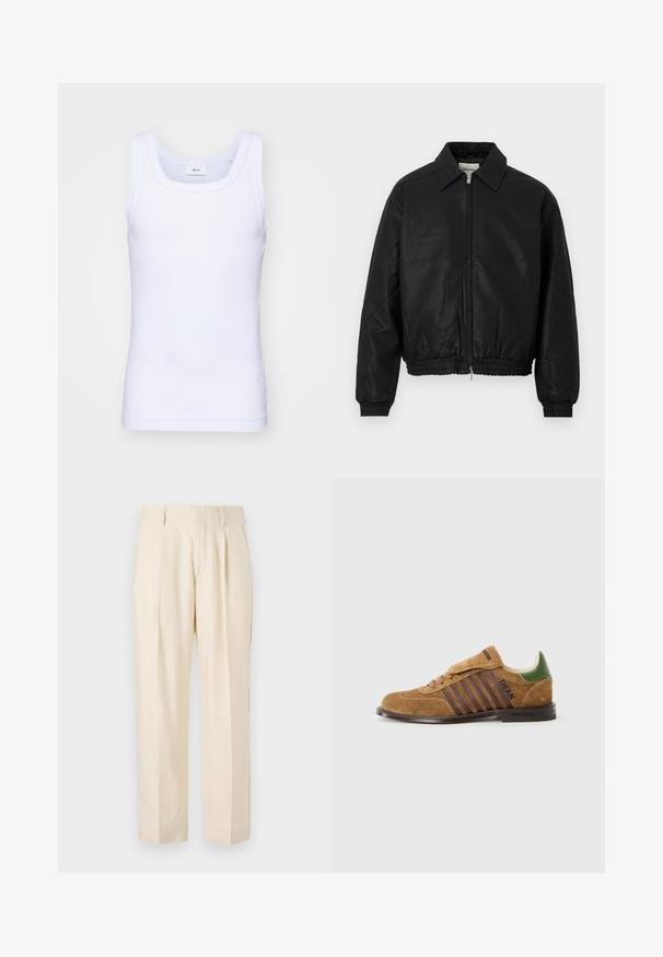 Jaqueta bomber de couro preto com fecho frontal, colarinho pontudo, punhos elásticos e faixa elástica na cintura, exibida sobre um fundo branco.; Top de algodão branco sem mangas com decote redondo, apresentando uma textura suave e um corte ajustado, projetado para uso casual.; NN.07 KAY - Calças - off white; Sapatilha de camurça castanha com riscas roxas escuras, aba do calcanhar verde e design de atacadores. Apresenta um acabamento texturizado e sola de borracha.