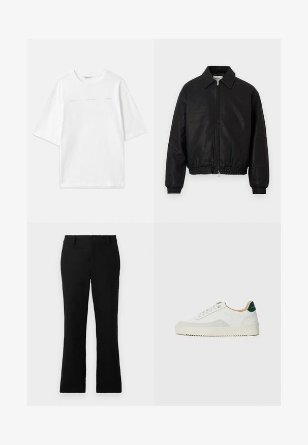 Črna usnjena bomberska jakna s sprednjim zadrgo, koničastim ovratnikom, elastičnimi manžetami in elastičnim pasom, prikazana na beli podlagi.; Bela bombažna majica z oversized obliko, okruglim izrezom, kratkimi rokavi in tiskanimi besedilnimi akcenti v svetlo bež barvi. Gladko teksturo.; Črne široke hlače iz mešanice bombaža, opremljene z gumbom za zapiranje, zanko za pas in gladko teksturo brez vidnih vzorcev.; Bela trenerka z zaključki iz semiša, okroglo konico, ravne vezalke in kremna gumijasta podplata. Ima zeleno blagovno znamko na peti.