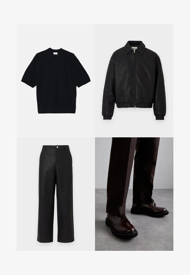 Musta nahkabomberitakki, jossa on etuvetoketju, terävä kaulus, joustavat hihat ja joustava vyötärö, esitellään valkoista taustaa vasten.; Mustapolyesteripaita lyhyillä hihoilla, jossa on teksturoitu kudos, kolmonen napituksessa ja klassinen kaulus. Minimalistinen muotoilu, jossa on rento istuvuus.; Mustat tekonahkaiset leveät housut, joissa on hienovarainen teksturointi. Varustettu etutaskuilla ja sileällä vyötärönauhalla, jossa on nappikiinnitys.; Ruske nahkasaapad, joissa on kiiltävä pinta, musta kumipohja ja hienovarainen ompelu. Yhdistetty raitapolkkaisiin ruskeisiin housuihin.