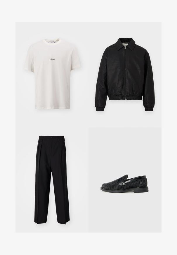 Zwarte leren bomberjack met een frontale rits, spitse kraag, elastische manchetten en elastische taille, weergegeven op een witte achtergrond.; Witte katoenen T-shirt met een ronde hals. Heeft een klein zwart "MSGM" logo in het midden van de borst. Korte mouwen, ruime pasvorm.; Zwarte geplooide broeken met een rechte, brede pijpontwerp. Gemaakt van soepele stof, met een knoopsluiting en riemlussen.; Zwartegeweven instap schoenen met een glad leren accent aan de bovenkant, een ronde neusontwerp en een laag profiel rubberen zool.