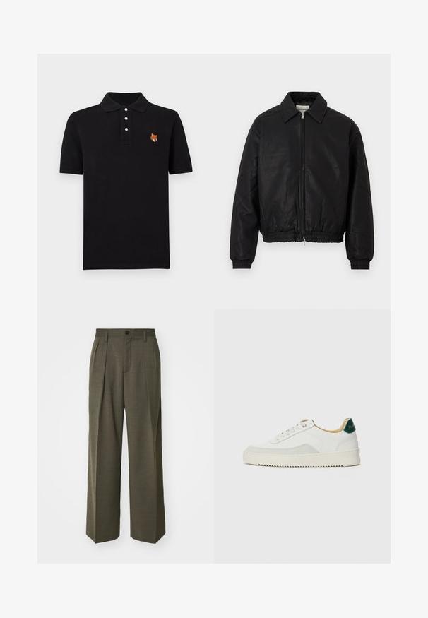 Jaqueta bomber de couro preto com fecho frontal, colarinho pontudo, punhos elásticos e faixa elástica na cintura, exibida sobre um fundo branco.; Polo preto feito de algodão, com uma pala de três botões e uma cabeça de raposa bordada no lado esquerdo do peito. Mangas curtas, corte clássico.; Filippa K WIDE TROUSERS - Calças - driftwood; Tênis brancos com detalhes em camurça, bico arredondado, atacadores planos e sola de borracha creme. Apresenta uma marcação verde no calcanhar.