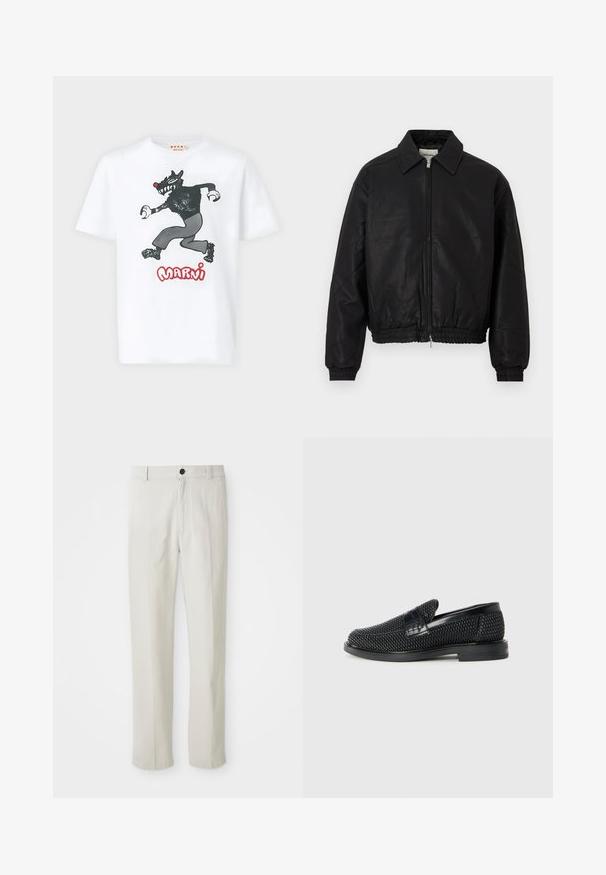 Mustast nahast bomber-jakk, millel on ees tõmblukk, terav krae, elastsed mansetid ja elastne talje, esitleb valgel taustal.; Valge puuvillane T-särk, millel on musta koomiksisuuriku hunt pilt ja punane "MARNI" tekst esiküljel. Lühikesed varrukad ja ümar kaelus.; Beezid sirgedega püksid, millel on vöökohakinnitus, esine nupuga ja tõmblukk, näidatud lapikult valgel taustal.; Must musta kootud slip-on king, millel on pehme nahast accent ülaserval, ümmargune varvas ja madal profiiliga kummitald.