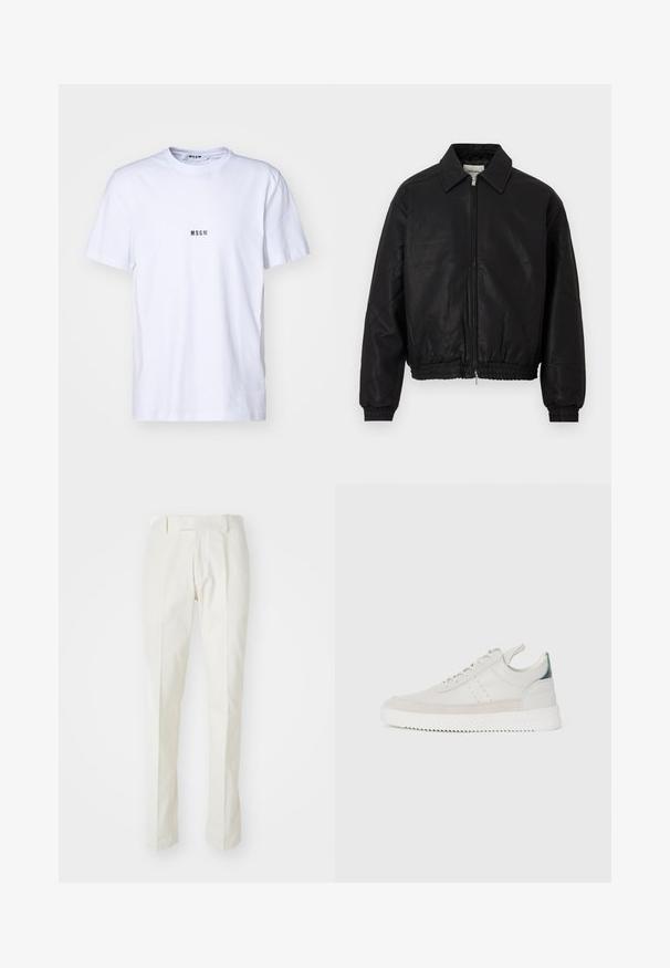 Black leather bomber jacket with a front zipper, pointed collar, elastic cuffs, and elastic waistband displayed on a white background.; White cotton t-shirt with a round neckline, short sleeves, and a small black "MSGM" logo printed on the front. Smooth texture.; White trousers made of cotton, featuring a straight-leg design, flat front, and no visible patterns or hardware. Smooth texture.; White leather sneakers with gray suede accents, lace-up design, pull tab, and textured rubber sole featuring a zigzag pattern.
