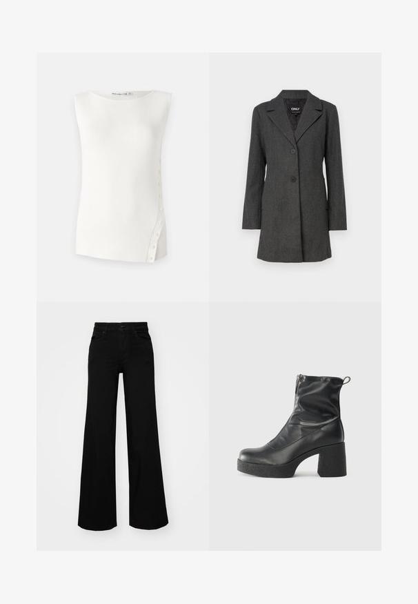 Cappotto grigio a maniche lunghe con colletto, due bottoni frontali e tasche laterali. Realizzato in materiale testurizzato con una vestibilità su misura.; Top senza maniche bianco realizzato in tessuto a costine, con un collo rotondo e piccoli bottoni lungo la cucitura laterale sinistra per un tocco di stile.; Pantaloni neri a gamba larga in denim, con una vita strutturata, passanti per la cintura e tasche frontali. Texture liscia con un design classico.; Stivali neri alla caviglia in pelle liscia, con zip laterale, tacco spesso e texture, e punta arrotondata.