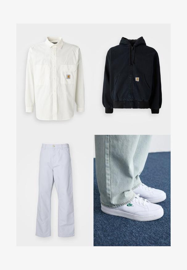 Must särgmooduline must kapuutsiga jope, millel on esikeskkotid, paelad kapuutsis, soonikküljed ja alläär, ning millel on väike ristküliku kujuline kollane logopatch kotil.; Valge puuvillane särk, millel on pikad varrukad, klassikaline krae, kaks esist pocketit ja Carhartt logo pilt.; Heledad sinine sirge säärega puuvillased püksid. Omavad esipocketit, tõmblukkude sulgemist ja üht metallist nööpi vöökohtadel.; Valged nahast tennisetossud rohelise Nike logo ja ümarate varvastega, lamedate taldadega, koos helesiniste teksapükstega, esitatud sinisel vaibal.