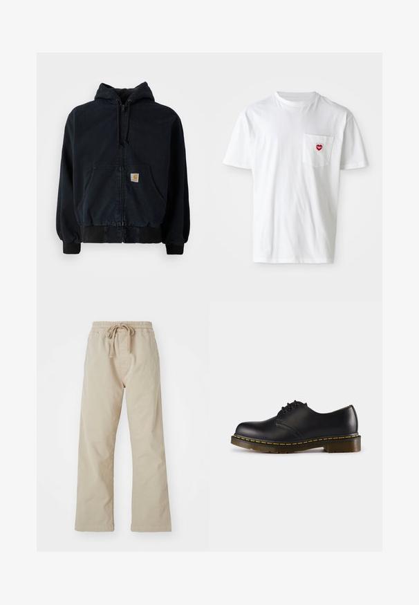 Svart zip-up hoodie med framfickor, dragsko på huvan, ribbad mudd och nederkant, med en liten rektangulär gul logotyp patch på fickan.; Vit bomullströja med rund halsringning och korta ärmar. Har en liten röd hjärtlogga på vänstra bröstfickan.; Beiga bomullsshorts med elastiskt midjeband och dragsko. Rakt ben-design, slät textur och inga synliga mönster eller detaljer.; Svart lädersko med rund tå, snörningsdesign, gula stygn längs sulan och en kraftig, texturerad gummisula.