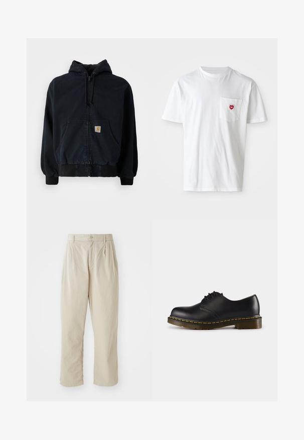 Juodas zip-up džemperis su priekyje esančiomis kišenėmis, su raišteliu reguliuojama kapuce, guminėmis rankovėmis ir apačia, ant kišenės turi mažą stačiakampę geltoną logotipo pleistrą.; Balta medvilninė marškinių suapvalintu kaklu ir trumpomis rankovėmis. Ant kairio krūtinės kišenės yra mažas raudonas širdelės logotipas.; Šviesiai rudos, lengvi kelnės su laisvu siluetu, priekine prispausta klostė, mygtuko užsegimas ir užrišti kelnių galai. Lygi tekstūra, minimalus dizainas.; Juodos odinės batai su apvaliu pirštu, su raišteliais, geltonu siūliniu aplink padą ir masyviu, tekstūruotu guminiu padu.