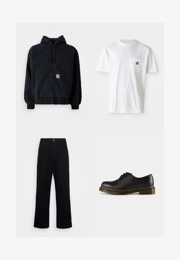 Čierna mikina na zips s prednými vreckami, s kapucňou na šnúrku, rebrovanými manžetami a lemom, s malou obdĺžnikovou žltou nášivkou na vrecku.; Biela bavlnená tričko s okrúhlym výstrihom a krátkymi rukávmi. Na ľavej strane na vrecku na hrudi sa nachádza malé červené srdiečko.; Čierne nohavice vyrobené z ťažkej tkaniny, s rovnými nohavicami, prednými vreckami, zipsom a uzáverom na jeden kovový gombík.; Čierna kožená topánka s okrúhlou špičkou, šnurovací dizajn, žlté prešívanie pozdĺž podrážky a masívna, textúrovaná gumová podrážka.