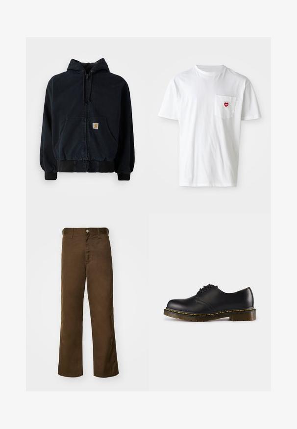 Čierna mikina na zips s prednými vreckami, s kapucňou na šnúrku, rebrovanými manžetami a lemom, s malou obdĺžnikovou žltou nášivkou na vrecku.; Biela bavlnená tričko s okrúhlym výstrihom a krátkymi rukávmi. Na ľavej strane na vrecku na hrudi sa nachádza malé červené srdiečko.; Hnedé nohavice s rovnými nohavicami vyrobené z jemného materiálu s hladkou textúrou, s predným zapínaním na gombík a klasickými pútkami na opasok.; Čierna kožená topánka s okrúhlou špičkou, šnurovací dizajn, žlté prešívanie pozdĺž podrážky a masívna, textúrovaná gumová podrážka.
